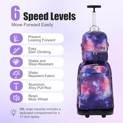 NEW TILAMI 19 inch Rolling Backpack Teens Rolling Backpack Cute Wheeled Laptop Backpack Bookbag Roller Travel Bag College, Starry Purple - color: Purple Starry
