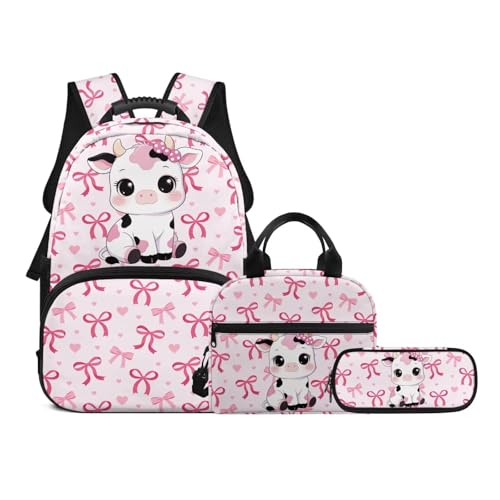 Lovely Kids Backpack Set with Insulated Lunch Bag and Pencil Case for School,Milk Cow 3-in-1 Bookbag Lunchbox Pouch for Teens Elementary Students, Lightweight Casual Daypack - color: Pink Bows-milk Cow