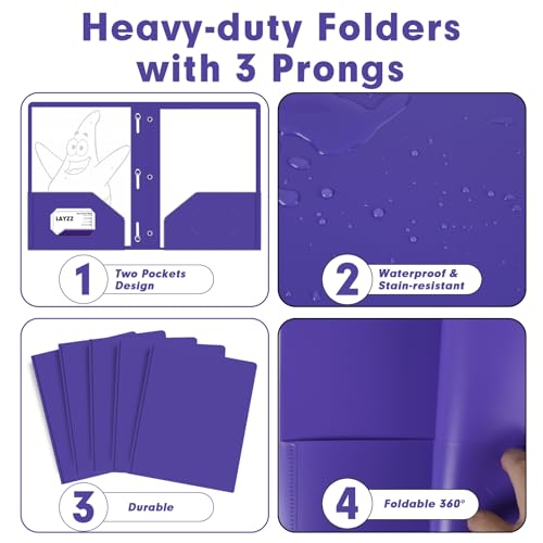 Plastic 2 Pocket Folders with Prongs, 30 Pack, Heavyweight, Letter Size Poly Folders with 3 Metal Prongs Fastener Clips (Purple) - color: Purple