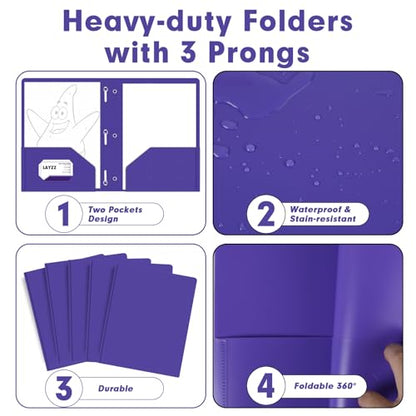 Plastic 2 Pocket Folders with Prongs, 30 Pack, Heavyweight, Letter Size Poly Folders with 3 Metal Prongs Fastener Clips (Purple) - color: Purple