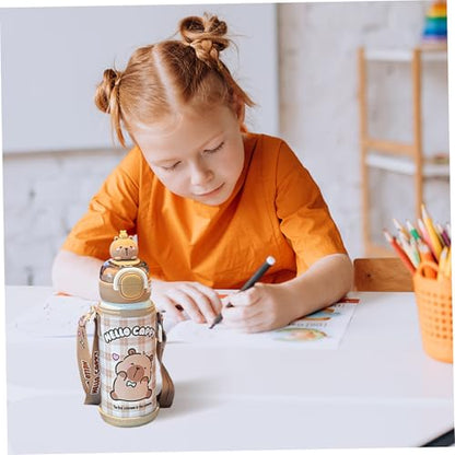 Capybara Water Bottle with Lid & Straw 520ml Stainless Steel Cute Water Bottle Portable Drinking Cup with Cup Sleeve and Strap for Office School Travel Girls.