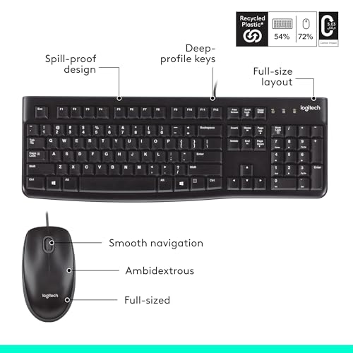 Logitech MK120 Wired Keyboard and Mouse Combo for Windows, Optical Wired Mouse, Full-Size Keyboard, USB Plug-and-Play, Compatible with PC, Laptop - Black