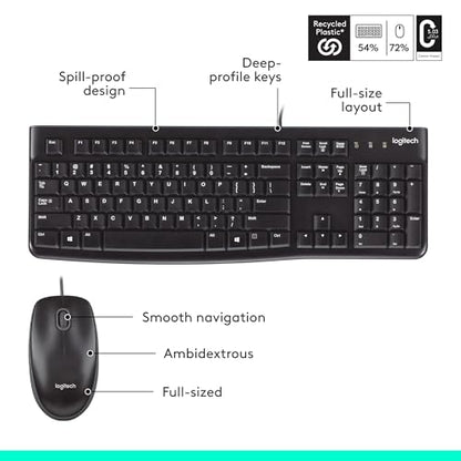 Logitech MK120 Wired Keyboard and Mouse Combo for Windows, Optical Wired Mouse, Full-Size Keyboard, USB Plug-and-Play, Compatible with PC, Laptop - Black
