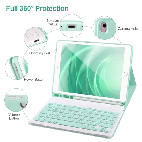 Keyboard Case for iPad 9/8/7th Gen 10.2’’,Case with Keyboard ipad 10.2‘’,Keyboard for iPad 9th Gen,Detachable Bluetooth Keyboard for iPad 10.2 ,iPad keyboard Case 9th Gen with Pencil Holder (Green) - color: Green