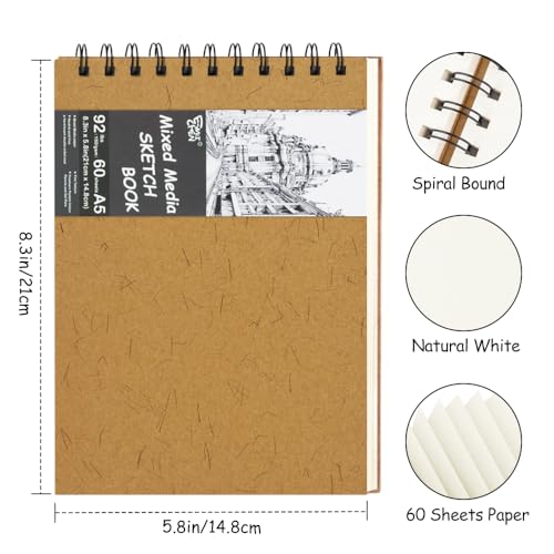 8.3x5.8 Sketch Book, Top Spiral Bound Sketch Pad, 60sheets 92lb/150gsm Nature White Paper, Acid-Free Mixed Media Paper for Painting, Dawing & Art Supplies. N-Ginger - color: TopSpiral-NatureWhite-Ginger