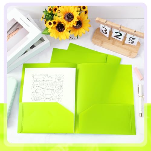 Gueevin 72 Pack Plastic Folder with Pockets, 2 Pocket Folders, Plastic Glossy Folders Fit Letter Size Paper, Heavy Duty Durable File Folder with Business Card for Home Office School (Lime Green) - color: Lime Green