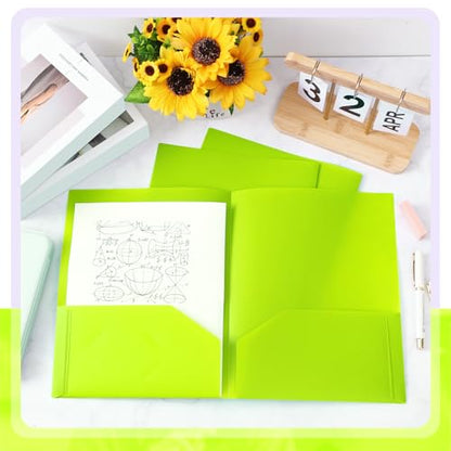 Gueevin 72 Pack Plastic Folder with Pockets, 2 Pocket Folders, Plastic Glossy Folders Fit Letter Size Paper, Heavy Duty Durable File Folder with Business Card for Home Office School (Lime Green) - color: Lime Green