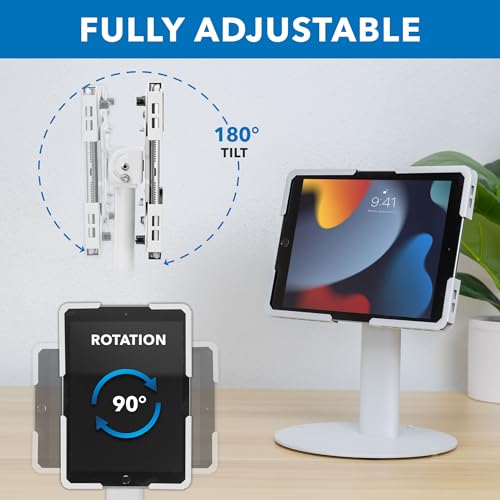 Mount-It! Universal Tablet Stand with Tilt, Anti-Theft Retail iPad POS Kiosk Stand, Fits 9.7"–13.1" Tablets, 90° Rotation & 180° Tilt, 20 lb Capacity, Steel Countertop Mount, White - color: White