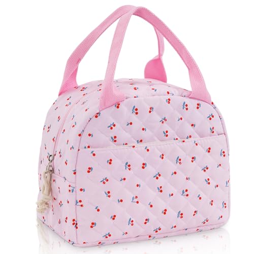 Lunch Bag for Women Insulated Cotton Quilted Lunch Box Reusable Cooler Bag Portable Cute Leakproof Tote Bags for Travel, Work, and Picnic, Mini Cherry - color: Mini Cherry, size: M