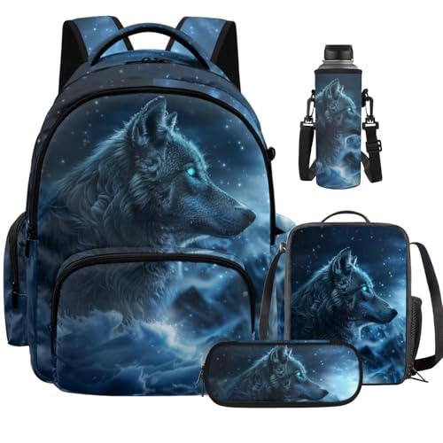 Blue Galaxy Wolf Backpack for Girls Boys Kids Backpack with Lunch Box and Water Bottle Holder Large Pencil Case 4PCS Set Bookbag with Front Pocket for School Teens 17 inch School Bag Gifts - color: Blue Galaxy Wolf