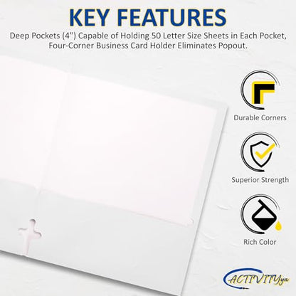 10 Pack Two Pocket Folders, White, Strong Thick Paper Folders, for Letter Size, by ACTIVITYya - color: White