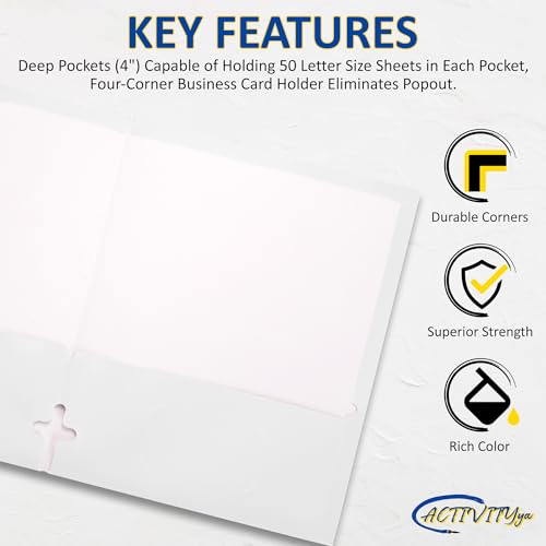10 Pack Two Pocket Folders, White, Strong Thick Paper Folders, for Letter Size, by ACTIVITYya - color: White