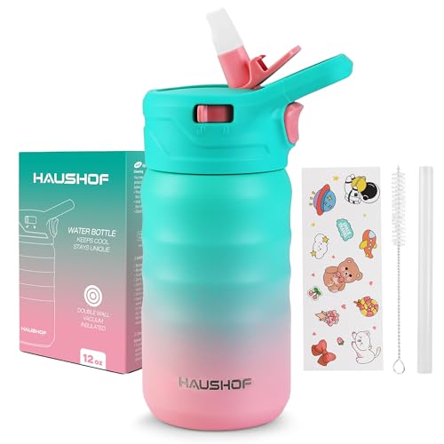 HAUSHOF Kids Water Bottle 12 oz BPA-free with Straw and Stickers, Stainless Steel Vacuum Double Wall Insulated cup with Leak Proof for school, Gift, Girls (Green and Pink) - color: Green and Pink(1 Pack)