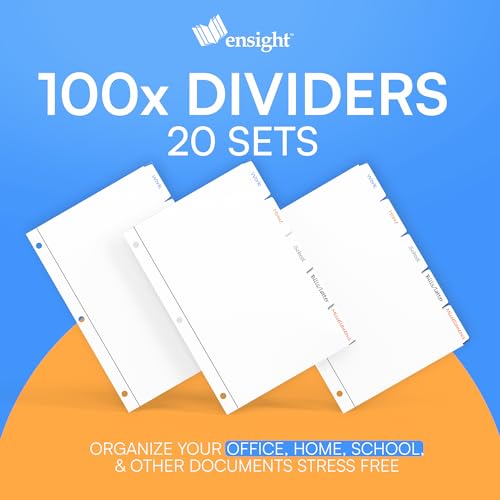 Ensight 3 Ring Page Dividers Bulk, 1/5 Cut Tab Dividers, 100 Per Box - Divider Pages with Tabs, Decorative Printable Rewritable Divider Tabs, Exhibit Tab Dividers for 3 Ring Binders Bulk - size: 5 Tabs With 20 Sets