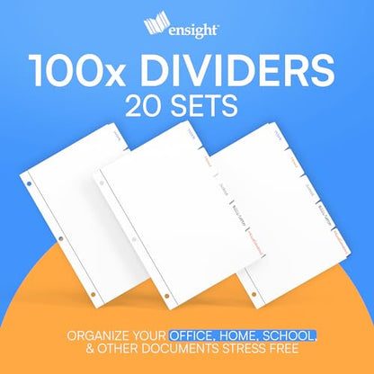 Ensight 3 Ring Page Dividers Bulk, 1/5 Cut Tab Dividers, 100 Per Box - Divider Pages with Tabs, Decorative Printable Rewritable Divider Tabs, Exhibit Tab Dividers for 3 Ring Binders Bulk - size: 5 Tabs With 20 Sets