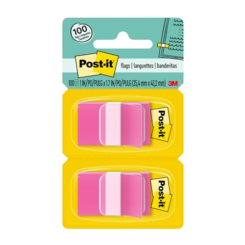 Post-it Flags, 1 x 1.7 in, Pink, 2 Dispensers, 50 Flags/Dispenser | Removable Page Markers for Planners, Journals, and Calendars - color: Pink, size: 0.3" x 2.7"