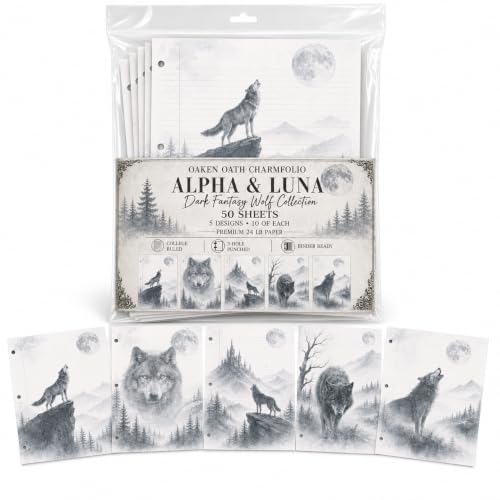 Alpha & Luna Dark Fantasy Wolf Loose Leaf Paper, 50 Sheets, College Ruled