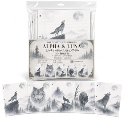 Alpha & Luna Dark Fantasy Wolf Loose Leaf Paper, 50 Sheets, College Ruled