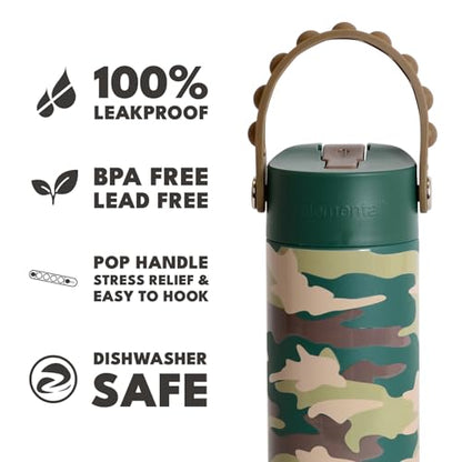 Elemental 100% Leak Proof When Spout is Closed Insulated Kids Water Bottle, Stainless Steel Bottle for School with Straw Lid & Pop-It Handle, Skater Dinos & Green Camo -18oz (2 Pack) - color: Dinos & Green Camo