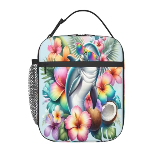 Tropical Dolphin Sunglasses Flowers Palm Leaves Lunch Bag 10In | Insulated Lunch Box Reusable Tote Bag For Picnic Office For Women Men - color: Style 7