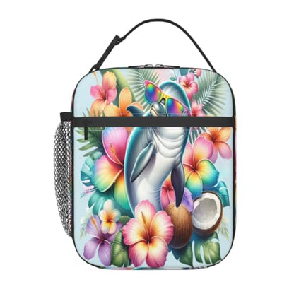 Tropical Dolphin Sunglasses Flowers Palm Leaves Lunch Bag 10In | Insulated Lunch Box Reusable Tote Bag For Picnic Office For Women Men - color: Style 7