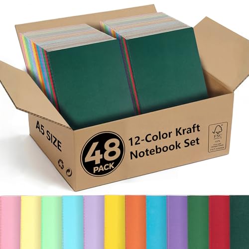 48 Pack A5 Lined Notebooks – Ruled Journal Bulk, 4 Sets of 12 Colors, 7mm Ruled, 230g Thick Kraft Cover, 60 Pages, 8.3x5.5 Softcover – Stitch Bound, Bulk Corporate & Event Supply - color: Muticolour 48 Pack