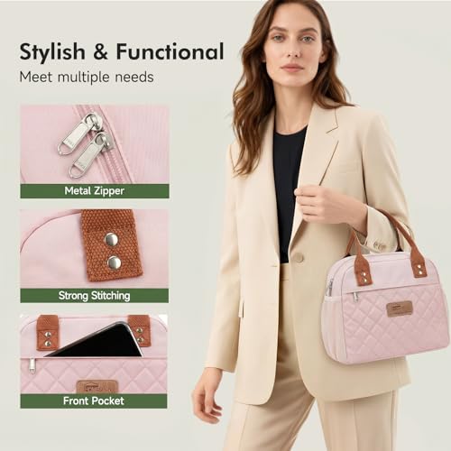 HOMESPON Insulated Lunch Bag for Women Men, Cooler Tote Box, Pink | Front Pocket, Side Mesh Pockets, Reusable, for Work, Picnic, Food Container - color: Pink