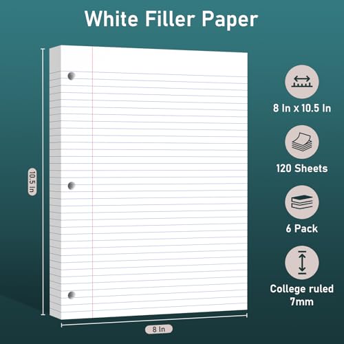 6 Pack Loose Leaf Paper, 120 Sheets Notebook Lined Pads, 8 x 10.5 College Ruled Filler Paper, 3-Hole Punched, White Loose Leaf Notebook Paper for 3 Ring Binders, for Home & Office, School Supplies - color: White