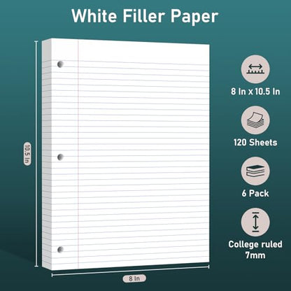 6 Pack Loose Leaf Paper, 120 Sheets Notebook Lined Pads, 8 x 10.5 College Ruled Filler Paper, 3-Hole Punched, White Loose Leaf Notebook Paper for 3 Ring Binders, for Home & Office, School Supplies - color: White