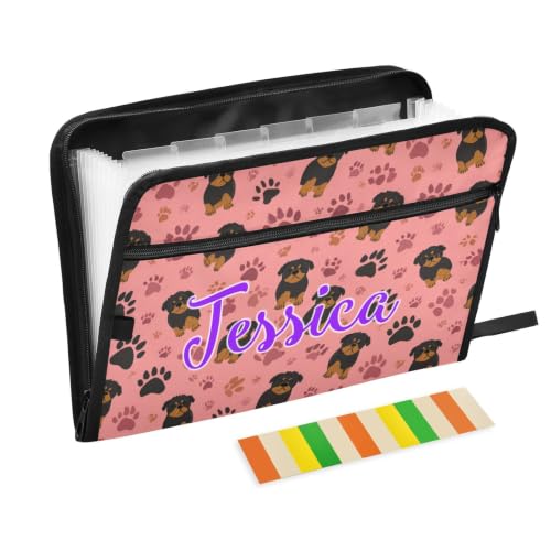 Kcldeci Custom Expanding File Folder with 13 Pockets,Rottweiler and Dog Paws Personalized Accordion Document Organizer with Labels, A4 Letter Size Portable Paper Storage for Office School Home Travel - color: Rottweiler and Dog Paws
