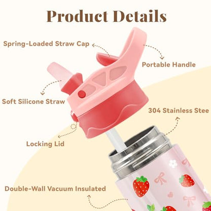 12oz Strawberry Kids Water Bottle, Bows Water Bottle for School, Pink Kids Insulated Bottles with Straw & Handle, Leak-Proof, BPA-free, Straw Lid, Stainless Steel for Travel Gift Cup for Girls(1pc) - color: Strawberry bow