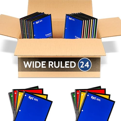 EPI Spiral Notebook | 3 Subject - Wide Ruled - 120 Sheets, Durable Spiral Binding | 10.5 x 8 in | Classroom Supplies | School, Office, Note Taking, Journaling - 24 Pack - size: Pack of 24, style: 3 Subject - Wide Ruled