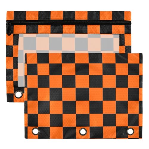 OrangeRed Buffalo Plaid Binder Pouches 3 Ring for Boys Girls School Office College Supplies Black Chessboard Halloween Pumpkin Aqua Pencil Pouches Case Bag with Clear Window and Zipper 2 Pack - color: Pumpkin