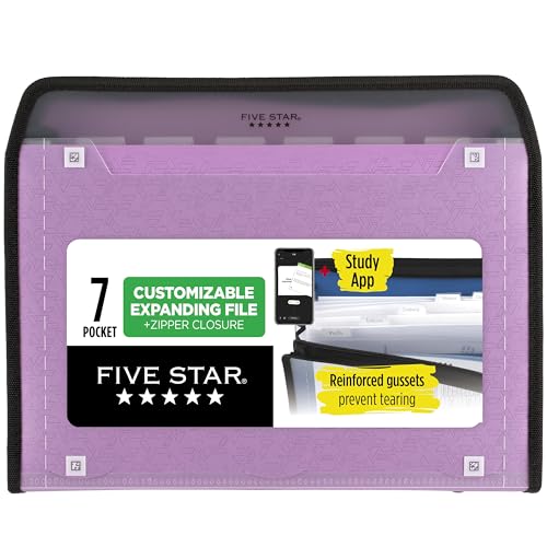 Five Star Expanding File Organizer + Study App, 7-Pocket Accordian File Organizer, Zipper Closure, Holds 8-1/2" x 11" Paper, Amethyst Purple (350099G-ECM) - color: Purple, size: Pack of 1