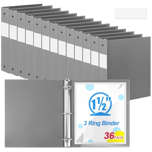 Henoyso 36 Pcs Gray 1.5 Inch 3 Ring Plastic Binder Bulk, 1 1/2 Inch Soft Flexible Binders Three Round Rings Fit 8.5x11 Papers for School Office Home File Organization Supplies - color: Gray