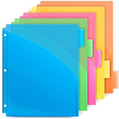 Dunwell Plastic Binder Dividers with Front Pocket (5 Tab), Clear Slash Single Pocket Divider with Tabs, 3 Ring Binder Pockets with Index Tab, Acid-Free, Notebook Dividers Include Label Inserts - size: 1 Set (5 pcs), style: 1 Pocket