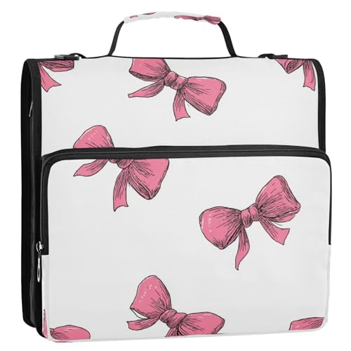 Caikeny 3 Ring Zipper Binder Watercolor Pink Ribbon Bow Knot 1.5 inch Binders Bag Expanding File Pockets with Shoulder Strap and Handle - color: Multicolored 1z83.2