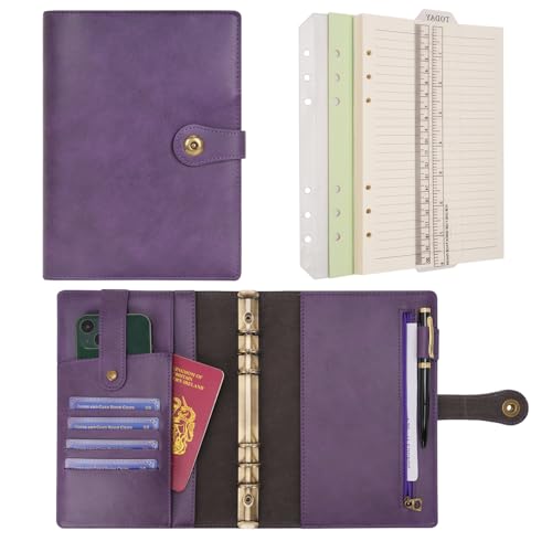 Wonderpool A5 Binder Journal Leather Spiral Notebook Refillable College Ruled Paper, Budget Binder Rings Diary Organizer with Pen for Office School Travel Business Planning Writing (Purple,A5) - color: Purple, size: A5