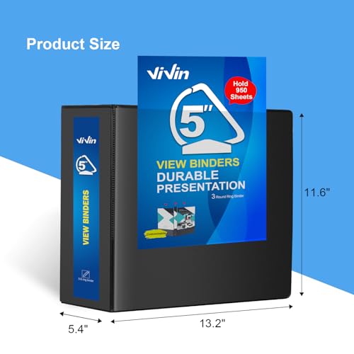 ViVin Durable 5 inch D Ring View Binder, Large 5" Slant-D Ring with 950-Sheet Capacity, Fit 8.5" x 11" Paper, 2 Pack(Black) - color: Black, size: 5 Inch, style: 2 Pack