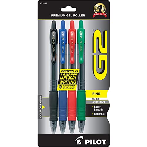 Pilot G2 Retractable Premium Gel Ink Roller Ball Pens, Fine Point, 4-Pack, Assorted Colors, Black/Blue/Red/Green - color: Assorted Classic
