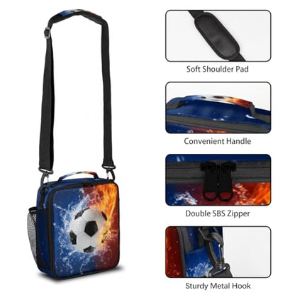 Pardick Soccer Lunch Box for Boys Insulated Kids Lunch Box Reusable Leakproof Lunch Bag Thermal Cooler Tote Picnic Lunchbox with Adjustable Shoulder Strap Back to School Gifts for Teens Boys Students - color: Fire Water Soccer