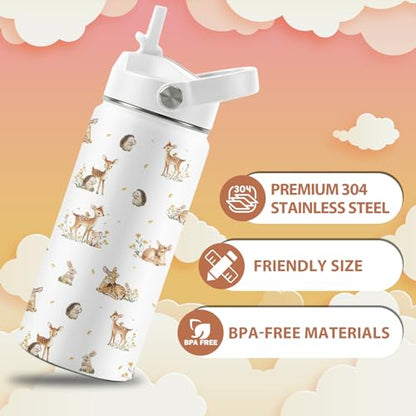 Forest Animals Lovers Gifts, 16 oz Water Bottles with Straw Lid, Stainless Steel Insulated Water Bottle, Cute Deer Hedgehog Rabbit Cups Gifts for Birthday Christmas - color: Cute Animals