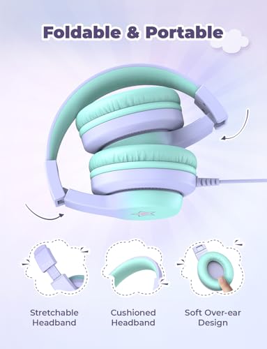iClever HS19S Kids Headphones, 85dBA Safe Volume Limiter - Over Ear Stereo Headphones for Kids Boys Girls, Foldable 3.5mm Jack Wired Headphone for iPad/Tablet/School/Travel - color: Purple Star