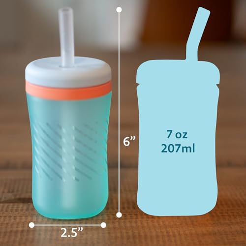 The First Years Silicone Squeeze & Sip Straw Cup - Spill-Proof Toddler Training Cups - Dishwasher Safe - Orange and Blue - 7 oz - 2 Count - Ages 6 Months+ - color: Orange and Blue