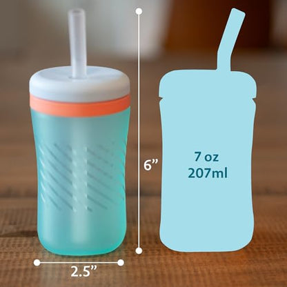 The First Years Silicone Squeeze & Sip Straw Cup - Spill-Proof Toddler Training Cups - Dishwasher Safe - Orange and Blue - 7 oz - 2 Count - Ages 6 Months+ - color: Orange and Blue