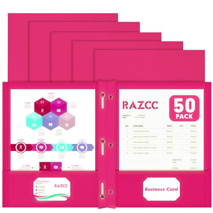 Two Pocket Folders, RAZCC 50 Pack Two Pocket Folders with Prongs, 3 Prong Folders Fit Letter Size Paper, Pocket File Folders for School Office Home Business, Magenta - color: Magenta