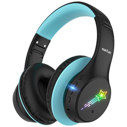 EarFun K4 Kids Bluetooth Headphones, Wireless Headphones with LED Lights | 74/85/94dBA Volume Limited, Built-in Mic, 90H Playtime, Bluetooth 5.4 Over Ear Headphone for iPad/Tablet/School, Dark Black - color: Dark Black