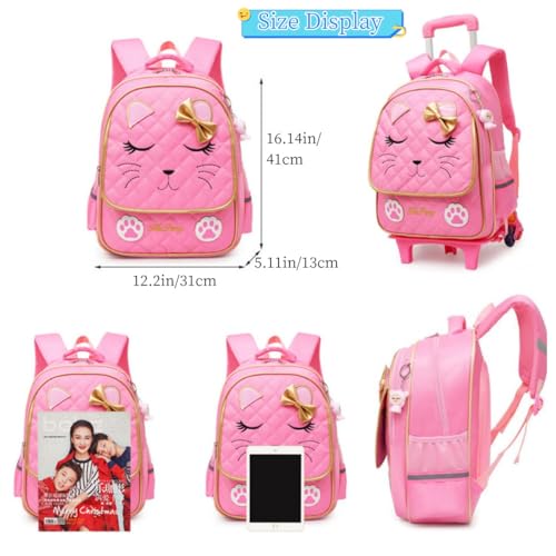 MITOWERMI Cute Rolling Backpack for Girls Trolley School Bags Cat-face Bowknot Girls Roller Backpacks with Wheels Kids Carry-on Travel Luggage Pink-2 Wheels