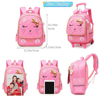 MITOWERMI Cute Rolling Backpack for Girls Trolley School Bags Cat-face Bowknot Girls Roller Backpacks with Wheels Kids Carry-on Travel Luggage Pink-2 Wheels