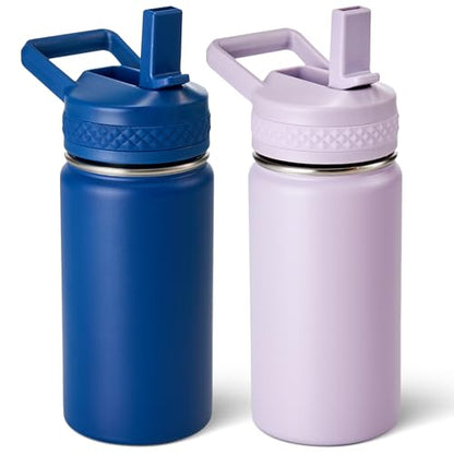 Fijinhom 12 oz Toddler Bottle, 2 Pack Kids Water Bottle for School Boys & Girls with Straws Lids, 304 Stainless Steel Vacuum Insulated Thermos, BPA-Free, Blue + Purple - color: AA.Blue & Purple